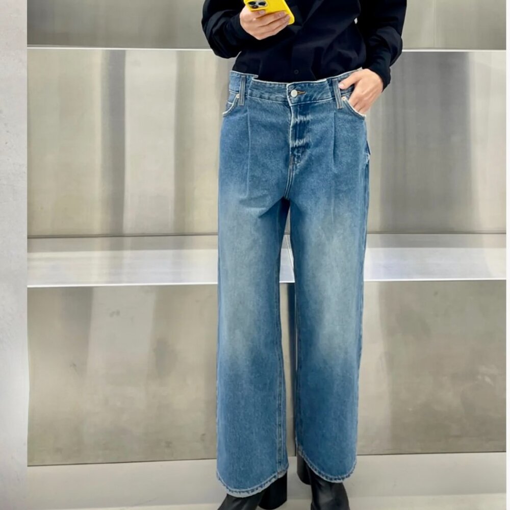 OAK + FORT Blue High-Rise Wide-Leg Cropped Jeans